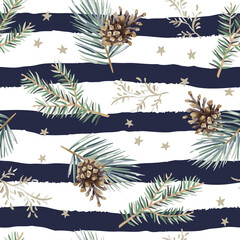 Wall Mural - Christmas seamless pattern, cones, green pine, fir twigs, stars, striped background. Vector illustration. Nature design. Season greeting. Winter forest. Xmas holidays