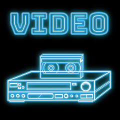 Wall Mural - Beautiful blue bright glowing abstract neon sign of an old retro vintage video recorder and videotape from the 80s, 90s and copy space with a video caption on a black background.