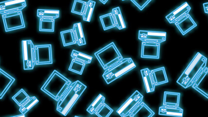 Wall Mural - Beautiful abstract neon seamless pattern of bright luminous icons of old vintage retro hipster computer desktops with flops from the 70s, 80s, 90s and copy space on a black background. 