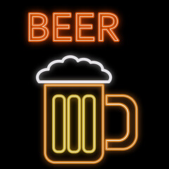 Wall Mural - A beautiful abstract neon bright yellow glowing sign, an icon from a mug, a glass of fresh foamy tasty refreshing beer and a copy space on a black background.