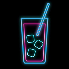 A simple abstract neon bright glowing glowing blue violet icon, a sign for the bar of a cocktail with ice in a tall glass with a straw and copy space on a black background. 