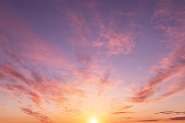 soft sunrise, sunset pink violet orange sky with sun, clouds background texture