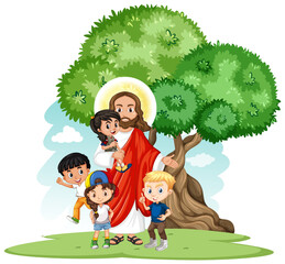 Wall Mural - Jesus with a children group cartoon character