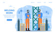 © Rudzhan - Welder and welding service concept web banner or landing page. Professional welders in protective mask and gloves. Man in uniform welding metal pipe and construction. Flat vector illustration