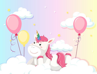 Wall Mural - Unicorn lay on the cloud on colorful pastel sky background