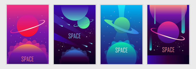 Wall Mural - Set of abstract futuristic space backgrounds. Template for banner, poster, flyer, brochure, cover, card. Gradient, planets and stars. Vector illustration.