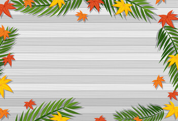 Wall Mural - Top view of blank wooden table with leaves in different season elements