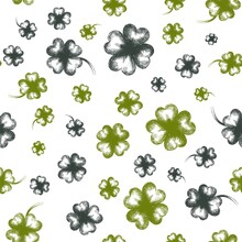 Vector Seamless Pattern With Four Leaf Clover On A White Background. Shaded Artwork With Imitation Of Ink Or Gel Pen. Picture For Design Packaging, Backgrounds, Textiles Or Holiday Products.