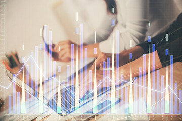 Fototapete - Multi exposure of woman hands typing on computer and financial chart hologram drawing. Stock market analysis concept.