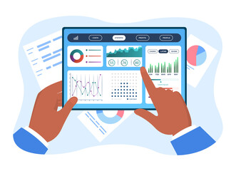 Wall Mural - hands holding tablet with infographics for economic statistics. concept of digital smart managment d