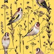 Seamless vintage pattern with goldfinch birds and autumn dry plants and flowers. Watercolor painting