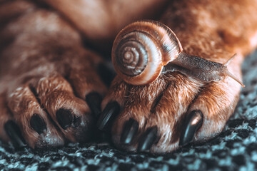 snail and dog. the snail grows on the brown paw of the animal. brown dog paws on a gray background. friendship of a dog and an insect. brown grape snail crawling on a dog