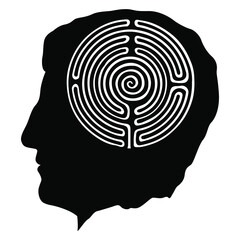 Human head with round spiral maze or labyrinth as brain. Creative concept for mystery of human mind. Black and white silhouette.