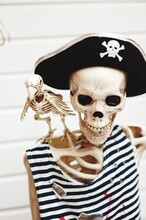 High Angle View Of Skeleton With Pirate Hat