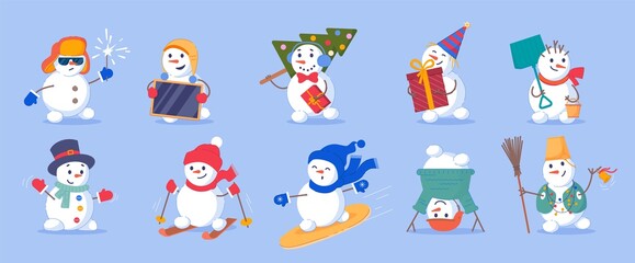 Wall Mural - Funny snowman with holiday accessory christmas set. Cute emotional winter character enjoy different outdoor activity and party entertainment vector illustration isolated on white background