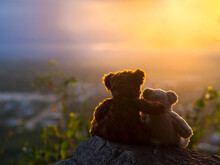 Stuffed Teddy Bears On Rock Against Sky During Sunset