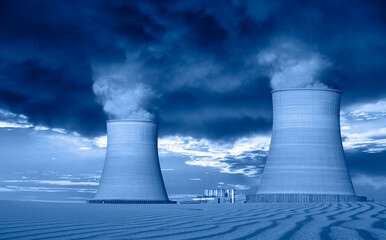 Global warming concept - Chimneys of thermal power plant on desert