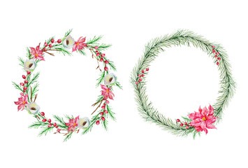 Two Christmas wreaths with a Christmas tree, with winter red and white flowers