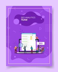 Wall Mural - seo analytics team people standing sitting on laptop for template of banners, flyer, books cover, magazines with liquid shape style