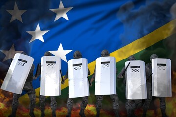 Solomon Islands protest stopping concept, police squad protecting state against mutiny - military 3D Illustration on flag background