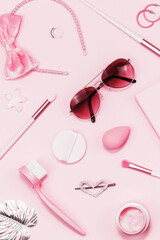 Wall Mural - Tender pink monochrome feminine makeup tools and silver accessories. brushes eye lashes vanish on candy pink. Flat lay, birthday beauty cosmetics blogger advert pattern concept. Heart, love hair clips