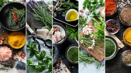 Sticker - Collage of Fresh green garden herbs and spices