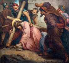 VIENNA, AUSTIRA - OCTOBER 22, 2020: The Painting Fall Of Jesus Under The Cross In Church St. Johann Der Evangelist By Karl Geiger (1876).