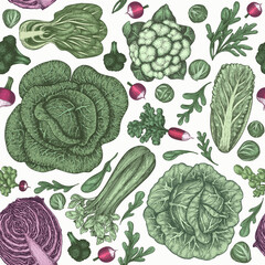 Wall Mural - Hand drawn sketch vegetables. Organic fresh food vector seamless pattern. Retro vegetable background. Engraved style botanical illustrations.
