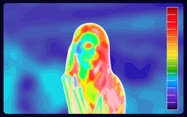 Wall Mural - Vector graphic of Thermographic image of a woman face showing different temperatures in a range of colors from blue showing cold to red showing hot. Medical thermal imaging of human female face.