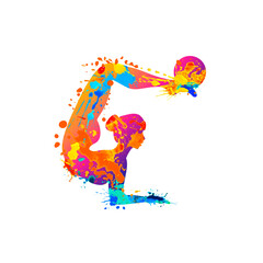Canvas Print - Rhythmic gymnastics girl with ball. Vector dancer silhouette of splash paint