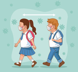 Wall Mural - covid preventive at school scene with little students couple walking with social distance