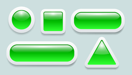 Wall Mural - Buttons 3D green and white set, shiny glass collection vector icons.