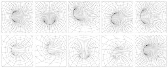 grid wormhole wireframe tunnel. 3d gravity quantum, vector wormhole illustration. singularity abstra