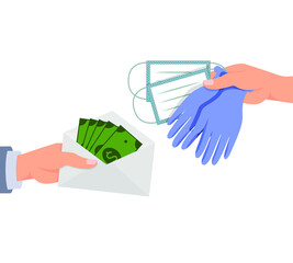 Money in an envelope, pay for medical masks and gloves. Concept: illegal transaction, selling personal protective equipment at a high price, abuse of power during the period of coronavirus infection.