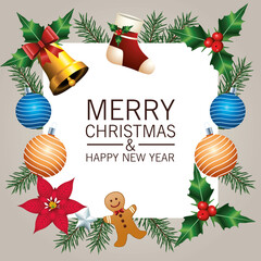 Poster - happy merry christmas lettering card with golden bell and set icons in square frame