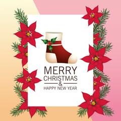 happy merry christmas lettering card with sock and flowers frame