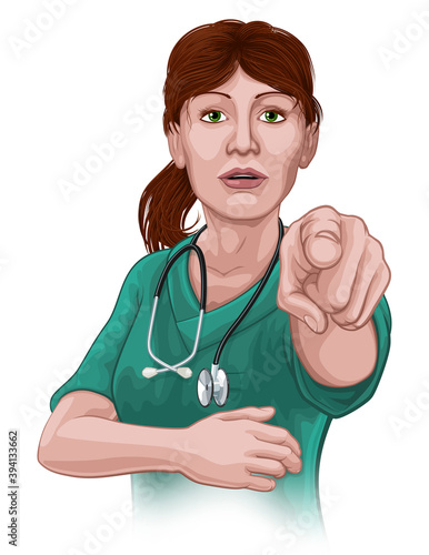 Fotomural A woman nurse or doctor in surgical or hospital scrubs pointing in a your country needs or wants you gesture