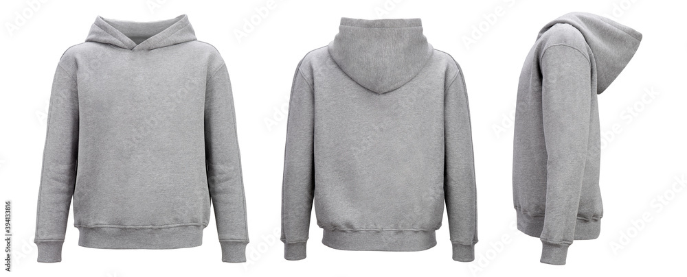 Grey hoodie template. Hoodie sweatshirt long sleeve with clipping path, hoody for design mockup for print, isolated on white background. - obrazy, fototapety, plakaty 