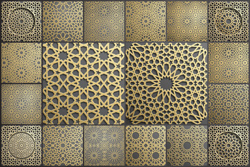 Wall Mural - Gold islamic art 3d pattern set. Pattern islamic motif. Ramadan kareem vector. Design ornament ottoman muslim circle. 3D eid background.