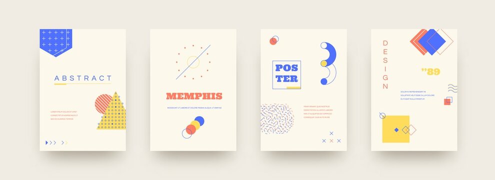 Memphis posters. Abstract geometric shapes. Vintage minimalist circles, triangles or squares with drops and lines. Graphic flyers design for invitations, web and social media posts. Vector banner set