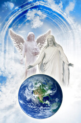 Wall Mural - angel archangel in divine heaven gate with light and mystic sky like peace, love, protection of eart