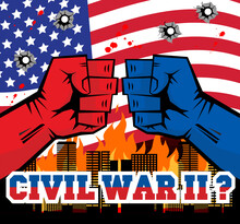 Republican Vs Democrat Fists For American President On Background Burned City And US Flag . Vector