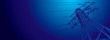 Vector Contour Silhouette. Substation, Powerhouse. High-voltage Line. Blue Background, Cover. Sky. Poles Cable Background