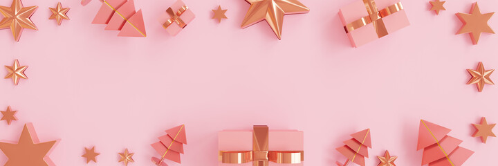 Abstract pink glossy rose gold,Christmas tree,star,gift box decoration scene,isolated pink background,for product show,concept celebrate Christmas holiday happy new year,3d rendering,banner panoramic