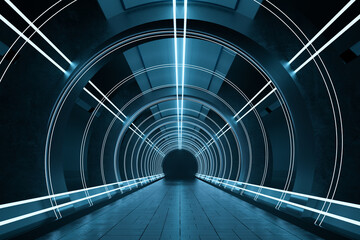 Poster - Dark round tunnel with glowing neon lights, 3d rendering.