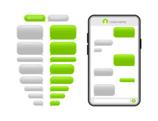 Wall Mural - Smartphone with message bubbles. Speech bubbles for chat. Phone chat screen and text sms. Messenger interface. Vector.