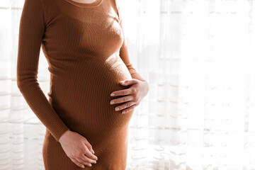 Wall Mural - Pretty young pregnant woman standing by the window in home