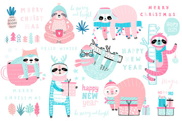 Poster - Christmas Sloths set, hand drawn style - calligraphy, cute sloths and other elements.