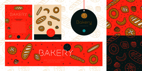 Wall Mural - Bread seamless pattern with minimal illustrations, icons for baking, bakehouse logo design template. Vector set design templates and branding elements for bakery shop packaging in red colors.