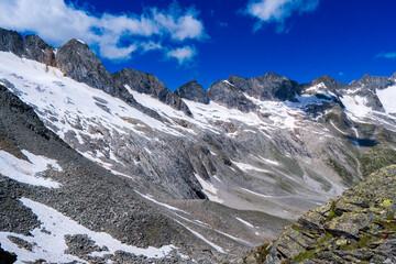 Wall Mural - Mountains and peaks landscape covered with glaciers and snow, natural environment. Hiking in the Dreil�er Tour. Hohe Tauern Austrian Alps, Europe